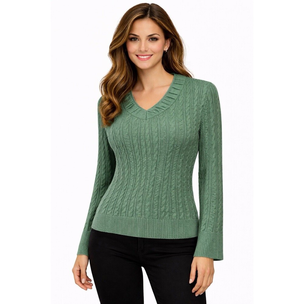 Eddie‎ Bauer Women's Cable Knit M Sweater V Neck Long Sleeve Green Cotton Blend